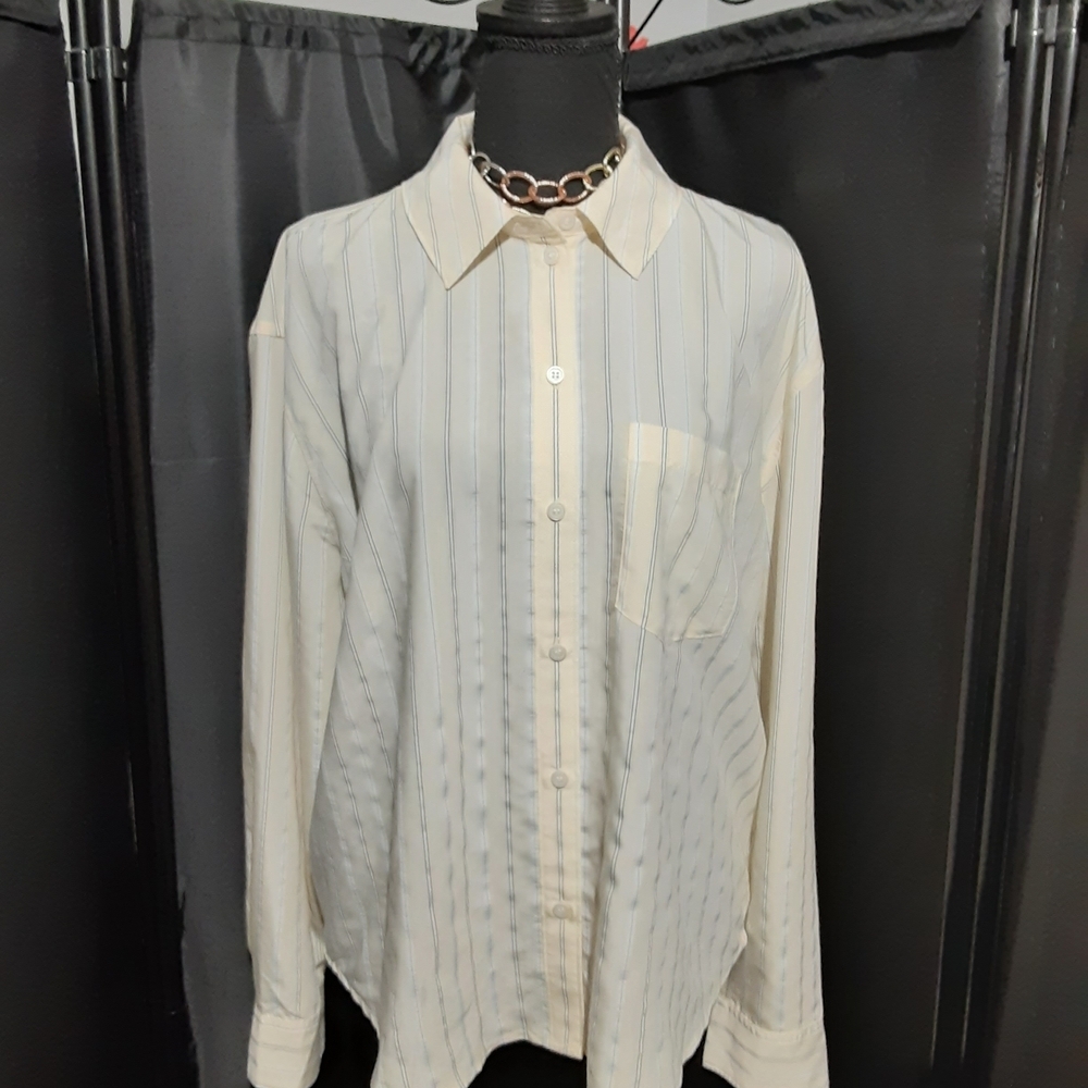 Madewell Women's Cream Striped Button Down Shirt Size Large Casual